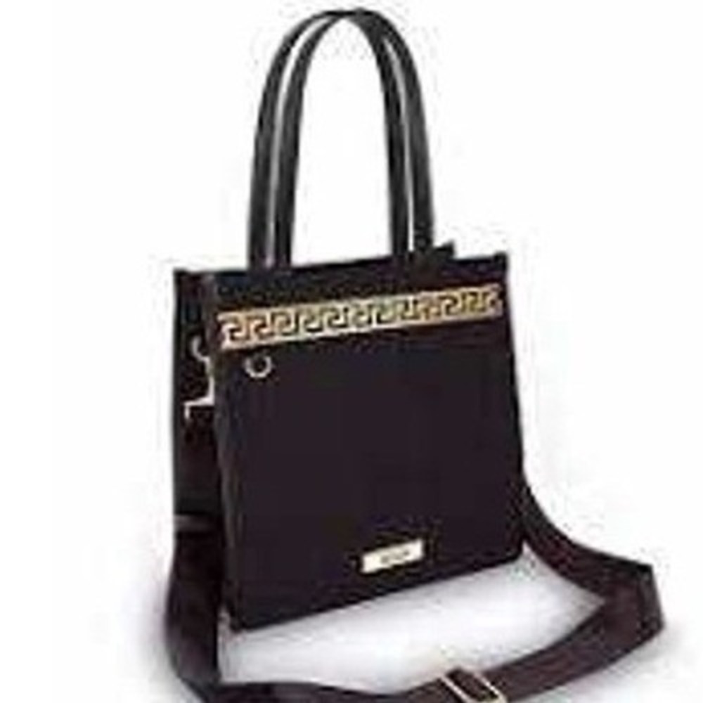 Versace Fragrances Black Canvas Tote Bag Gold Greek Key Greca Strap 2023919
